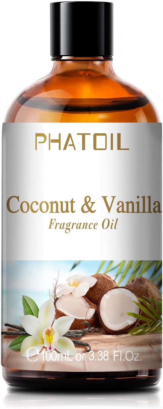 100ML/3.38fl.oz Coconut & Vanilla Fragrance Oils, PHATOIL Coconut & Vanilla Oil for Diffuser, Humidifier, Scented Oils for DIY Soap, Candle Making with Premium Glass Dropper PHATOIL