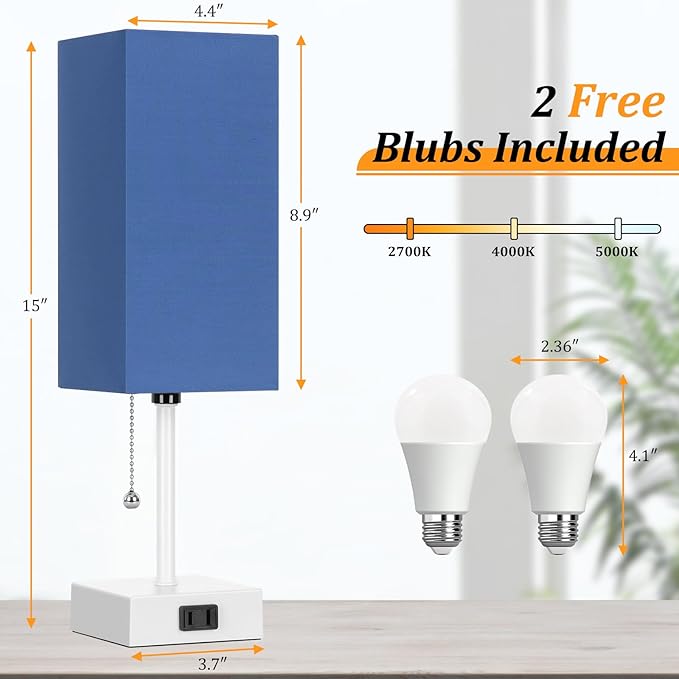 Table Lamp for Bedroom set of 2,3-Color Bedside Lamps with Pull Chain Table Lamps for Nightstand with AC Outlets,Small Night Light Lamps with 2 Bulbs Lamps for Living Room Kids Room Office Decor（Blue） - Bloomnest