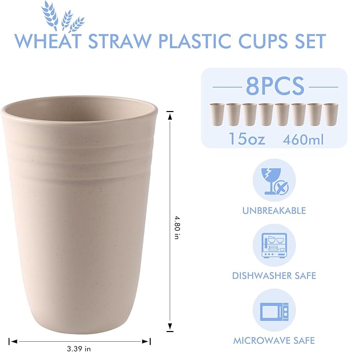 HOTEC 8-Pack 15oz Plastic Cups, BPA-Free Reusable Drinking Cup set, Unbreakable Tumblers, Dishwasher Safe Water Plastic Glasses, Khaki - Bloomnest