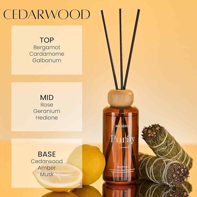 M&SENSE Reed Diffuser Set, Cedarwood Scented 6.3 fl oz Natural Essential Oil Diffusers with Sticks, Non-Toxic Organic Air Freshener, Long-Lasting Fragrance Oils for Living Room Bedroom Gifts for Women