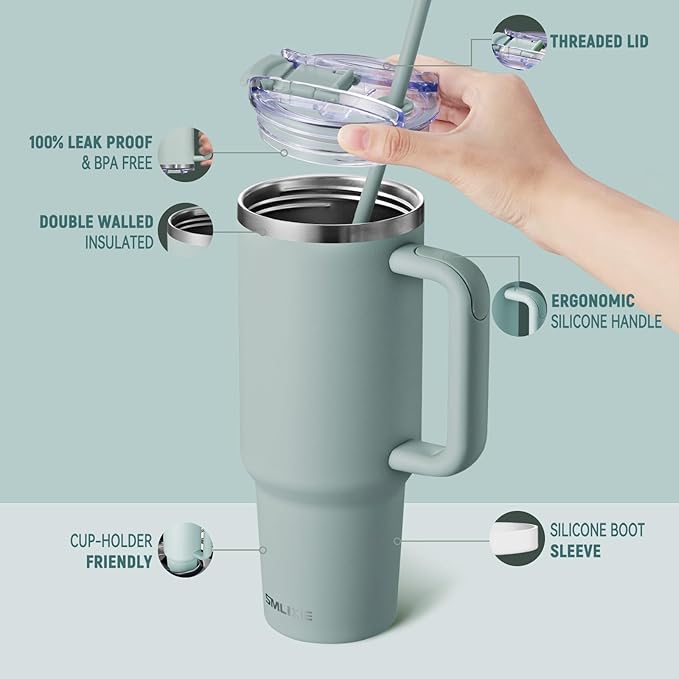 40 oz Tumbler with Handle and Straw Lid,Insulated Reusable Stainless Steel Water Bottle Travel Mug，Cupholder Friendly Double Wall Vacuum Sealed Cup (Shale) - Bloomnest
