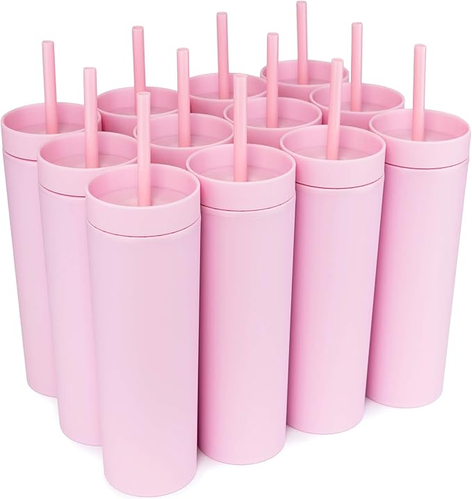 STRATA CUPS Pink Skinny Tumblers with Lids and Straws (12 pack) - 16oz Double Wall Acrylic Tumbler, Tall Matte Skinny Tumblers, Bulk with Free Straw Cleaner, Reusable Cups - Bloomnest