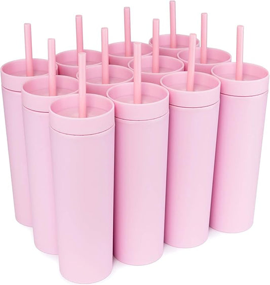 STRATA CUPS Pink Skinny Tumblers with Lids and Straws (12 pack) - 16oz Double Wall Acrylic Tumbler, Tall Matte Skinny Tumblers, Bulk with Free Straw Cleaner, Reusable Cups - Bloomnest