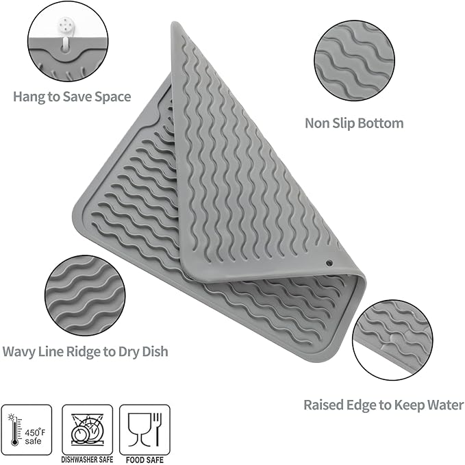 Silicone Dish Drying Mat for Multiple Usage,Easy clean,Eco-friendly,Heat-resistant Silicone Mat for Kitchen Counter or Sink,Refrigerator or Drawer liner Grey M 12 inches x 12 inches - Bloomnest