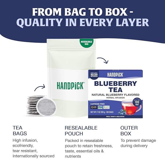 HANDPICK, Wild Blueberry Tea Bags (100 Count), True Premium Blueberry Herbal Tea with Hibiscus, Rose & Licorice | Brew Iced/Hot Tea - Bloomnest