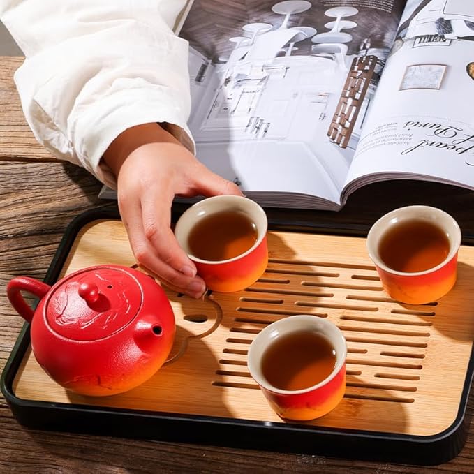 LURRIER Gongfu tea sets, Portable Ceramic TeaSet, Asian Tea sets for adult, Tea Gift sets, Grey leather case, Portable Travel Bag,Home,Gifting,Outdoor and Office(XRed and Orange) - Bloomnest