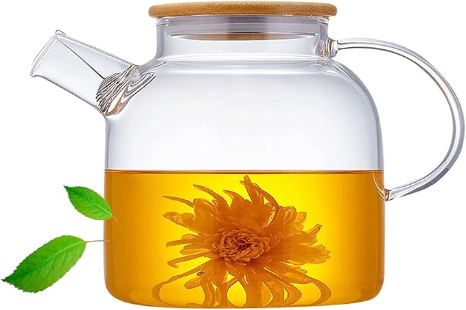 Glass Teapot 50.7oz/1500ml, Stovetop & Microwave Safe Borosilicate Tea Pot,Clear Teapot with Strainer, Glass Tea Kettle with Wooden Lid for Loose Leaf、Fruit Tea and Fragrant Tea - Bloomnest