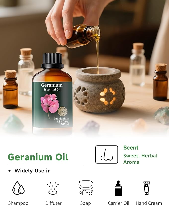 Pure Geranium Essential Oil, Mumianhua Natural Rose Geranium Oil for Reed Diffuser, Air Freshener, Massages,Relaxation, Garden Freshness, Outdoor Ambiance, Skin, Hair, Soap, Candles Making 3.38 Fl oz - Bloomnest