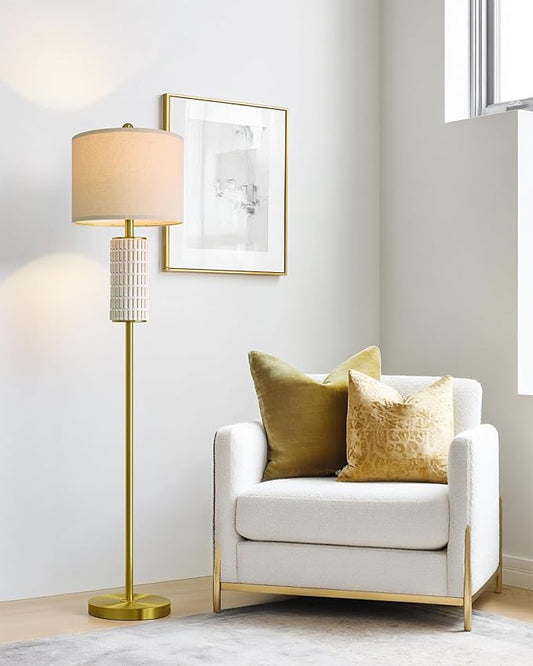 PoKat Gold Ceramic Floor Lamp for Living Room Bedroom, 64" Modern Standing Lamp with Rotary Switch, Tall Living Room Lamp Decor for Reading Corner, Home Office, Nursery - Bloomnest
