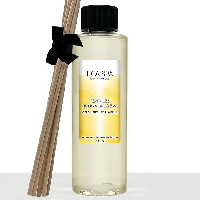 LOVSPA REVITALIZE Mandarin Lime & Basil Diffuser Oil - Essential Oils for Diffuser Refill & Air Freshener Room Spray - Long-Lasting & Natural Home Fragrance, Scented Oil for Diffusers, USA Made, 4oz - Bloomnest