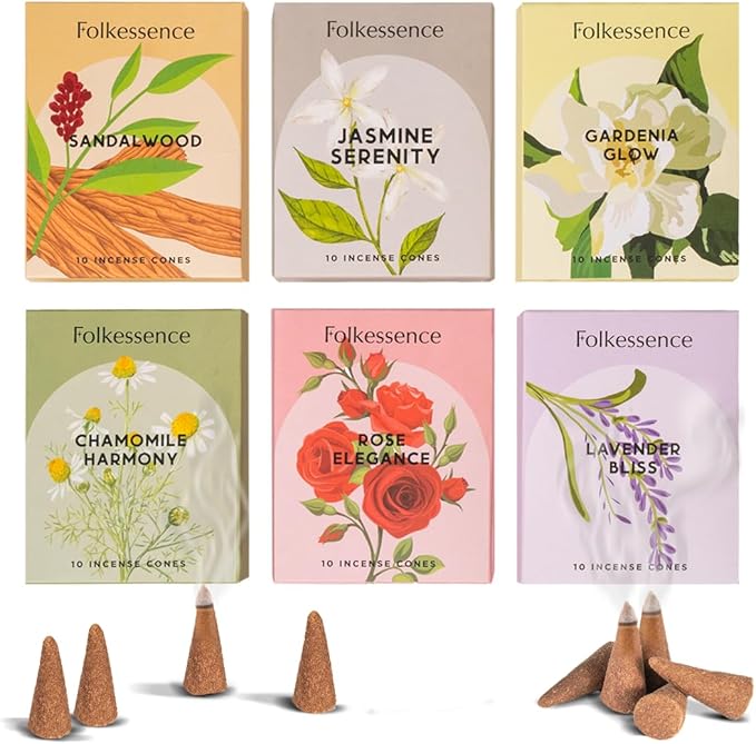 Folkulture Incense Cones Scented | Set of 6 (60 Cones) Pack for Relaxation | Rose, Chamomile, Jasmine, Lavender, Sandalwood Inscents for Gifts for Her | Incense Cone Variety Pack