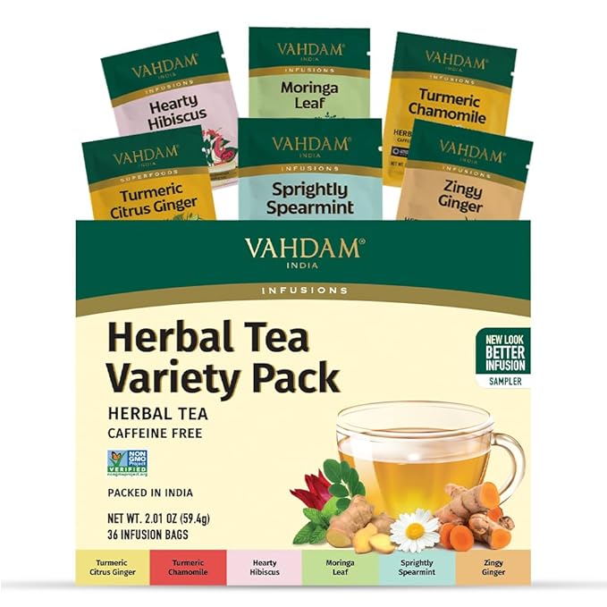 VAHDAM, Assorted Herbal Tea Gift Set (36 Tea Bags, 6 Flavors) Caffeine-Free, Non-GMO | Double Infusion, Individually Enveloped Tea Bags | Herbal Tea variety Pack | Valentines Day Gifts for Him & Her - Bloomnest