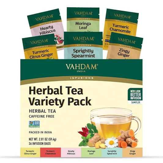 VAHDAM, Assorted Herbal Tea Gift Set (36 Tea Bags, 6 Flavors) Caffeine-Free, Non-GMO | Double Infusion, Individually Enveloped Tea Bags | Herbal Tea variety Pack | Valentines Day Gifts for Him & Her - Bloomnest