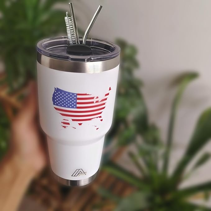 Tumbler 30oz Stainless Steel, Vacuum Insulated w/MagSlider Lid, USA Flag on White, Double Wall, Keeps Drinks Cold & Hot, Patriotic Gift - Bloomnest