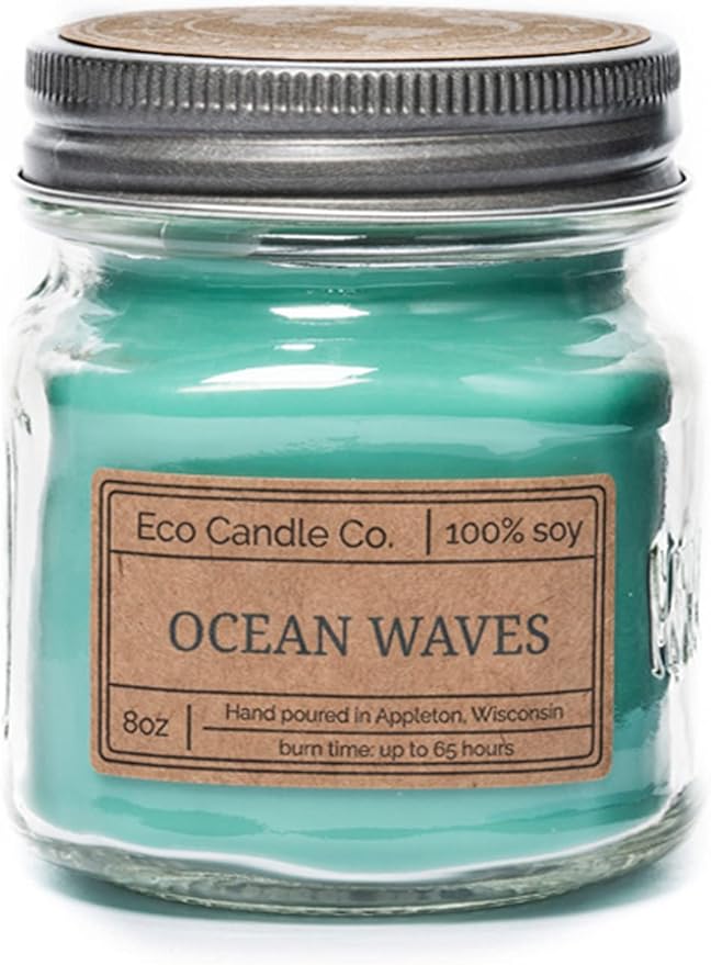 ECO CANDLE CO. Mason Jar Candle, Ocean Waves, 8 oz. - Scents of Marine Air, Citrus, & Musk - 100% Soy Wax, No Lead, Kraft Label & Antiqued Pewter Lid, Hand Poured, Made from Midwest Grown Soybeans - Bloomnest