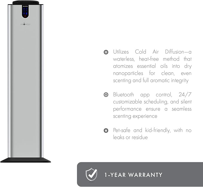 Aromely Smart Bluetooth Scent Diffuser, Aromatherapy Nebulizing Waterless Diffuser for Two-Story Homes, Offices & Open Areas, App Controlled Perfect Aroma Diffuser Up to 3,000 SQFT - Silver - Bloomnest