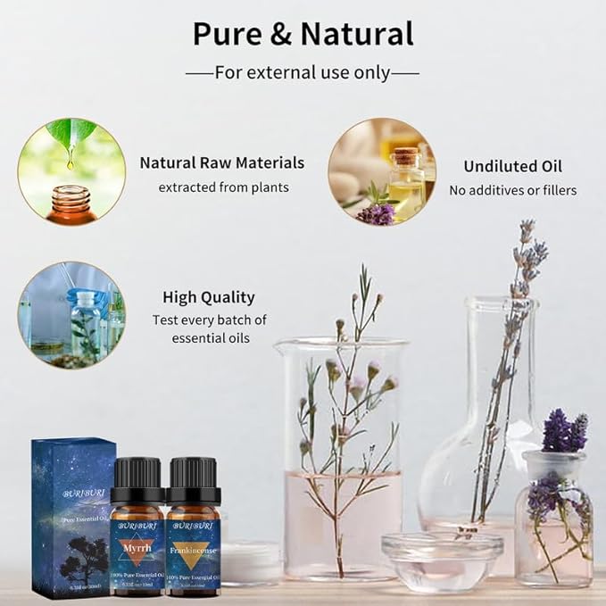 BURIBURI Frankincense Oil and Myrrh Essential Oils Gift Set, 100% Pure, Natural, Organic Aromatherapy Frankincense Fragrance Oils for Diffuser, Massage - 2 x 10ML BURIBURI