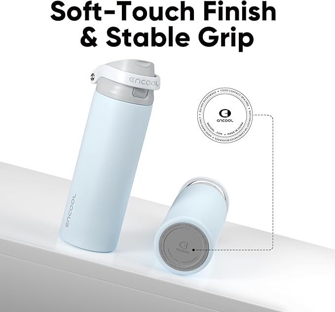 ENCOOL Leakproof Insulated Water Bottle with Straw Dual-Sip Water Bottle Bag-Safe Design for Work, Commute & Gym – Keeps Drinks Cold All Day, 24 oz, Misty Grey ENCOOL