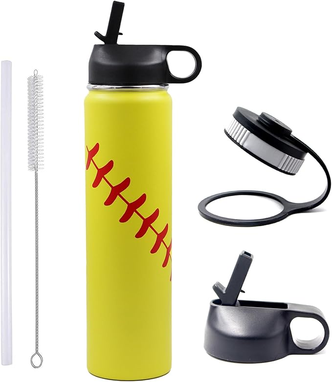 25 oz Softball Water Bottle, Wide Mouth Sports Flask Metal Travel Tumbler with 2 Lids, Stainless Steel Double Wall Vacuum Insulated Leak Proof Thermo Water Bottles, Softball Stuff Gifts for Mom Girls - Bloomnest