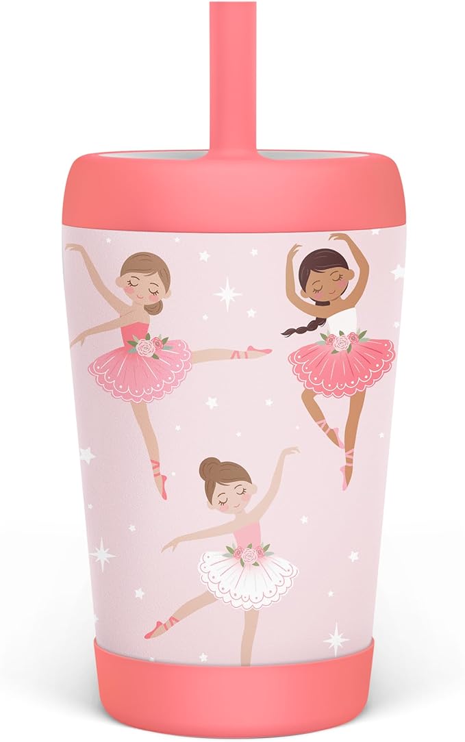 Kid Insulated Stainless Steel Tumbler with Silicone Straw, 12oz Sippy Cup for Kids (Pink Ballerina) - Bloomnest