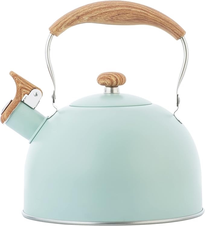 Whistling Stainless Steel Diamond Pattern Tea Kettle with Wood Grain Anti Heat Handle, Stainless Steel Cover Wood Grain Nylon Cover Top Tea Pot (Green) - Bloomnest