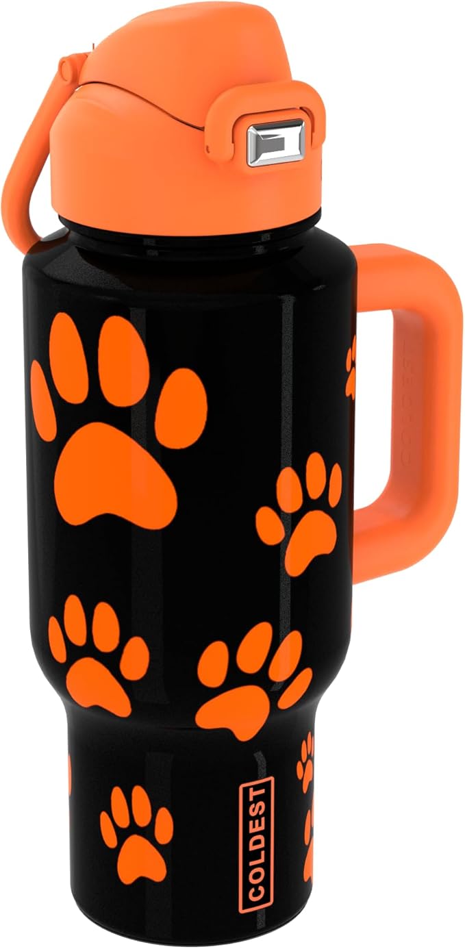 Coldest Tumbler with Handle & Coffee Lid - 100% Spill Proof Tumbler (3 Lids) - Stainless Steel Insulated Leakproof Tumblers for Women & Men - Cup Holder Friendly - 24 oz (Pumkin Paws) - Bloomnest