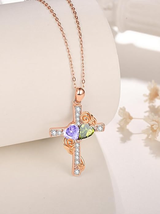 Rose Gold Dual Birthstones Cross Necklace for Women Rose Flower Jewelry Anniversary Christmas Mother's Valentine's Day Birthday Gift for Wife Girlfriend Mom - Bloomnest