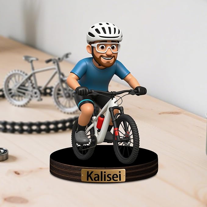 Custom Bicycle Cycling Biker Photo Cartoon Style Desk Decor with Wooden Base, Personalzied Cycling Biker Lover Cartoon Picture Portrait Sculpture Frame Acrylic Sign Plaque Gifts for Women Men - Bloomnest