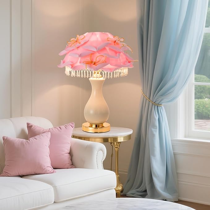 Pink Rose Flower Lamp Nordic Flower Table Lamp Romantic Ceramic Nightstand Light Modern Princess Bedside Lamp for Girl Valentines Mother's Day Wedding Decor Bedroom Living Room Entry - Bloomnest