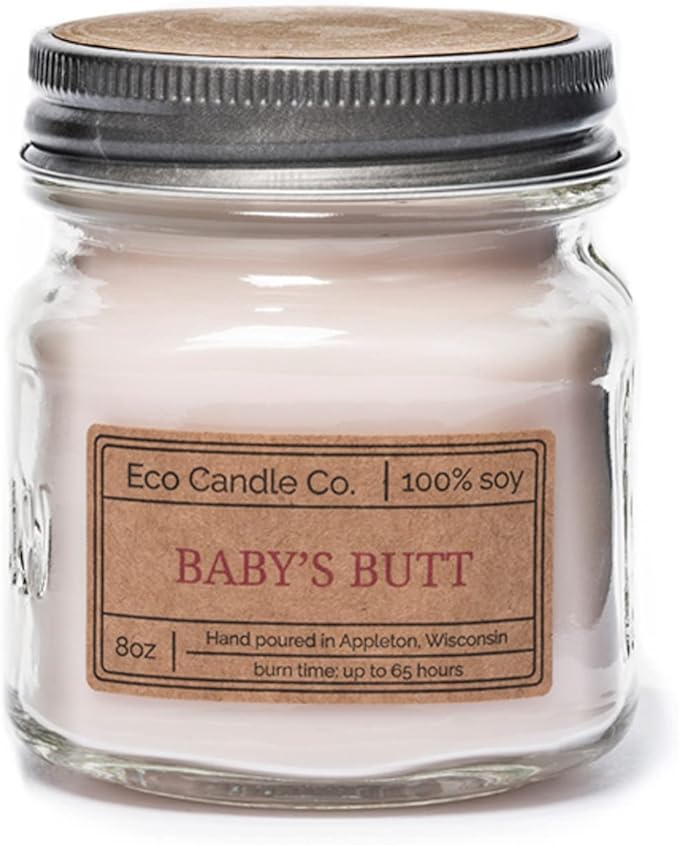 ECO CANDLE CO. Mason Jar Candle, Baby's Butt, 8 oz. - Scents of Lavender, Baby Powder, & Vanilla - 100% Soy Wax, No Lead, Kraft Label & Antiqued Pewter Lid, Hand Poured, Midwest Grown Soybeans - Bloomnest