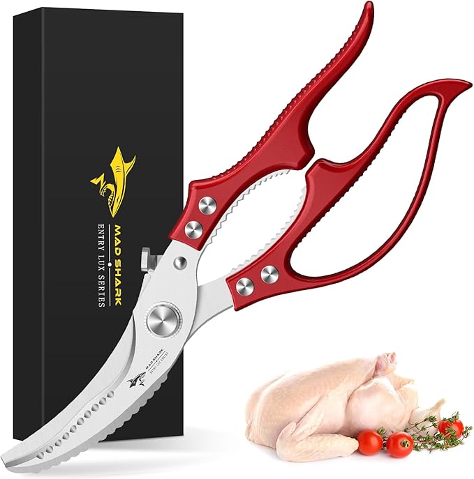 MAD SHARK Professional Heavy Duty Poultry Shears - Kitchen Shears for Spatchcocking Chicken and Meat Cutting, Multi-Purpose Kitchen Scissors for Food, Spring-loaded (Red) - Bloomnest