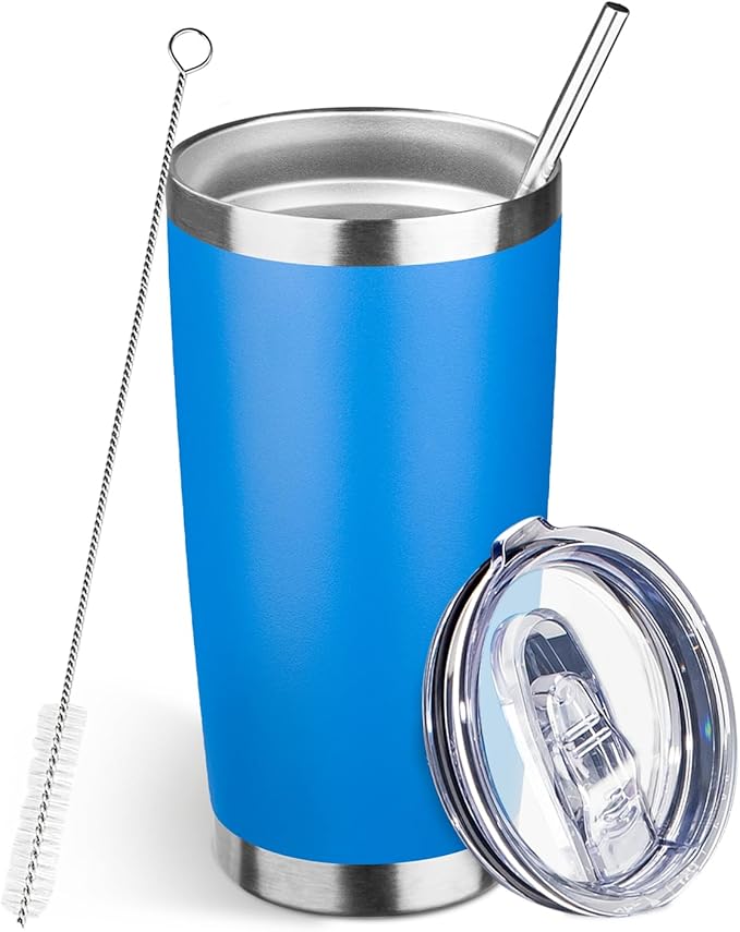 20oz Tumbler Bulk with Lid and Straw, Stainless Steel Double Wall Vacuum Insulated Travel Mug, Powder Coated Coffee Cups for Hot and Cold Drinks,Funny Gifts for Women Men(Scuba blue,1) - Bloomnest