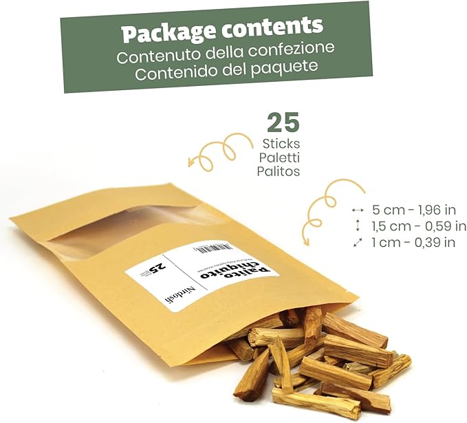 NIRDOSH Palo Santo Incense Sticks Sahumito 100% Natural - 25 Wood Sticks 1,96in - Innovation Organic Incense for Sublimation - Negative Energy Cleansing - Original Palo Santo Wood Bursera Graveolens NIRDOSH