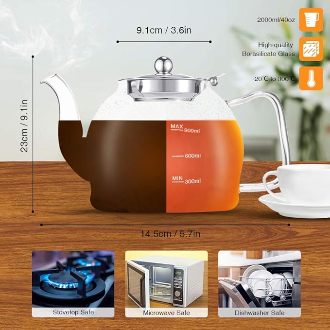 Tea Pot Set – 1200ml Glass Teapot with Removable Stainless Steel Infuser, and 4 Glass Teacups, Stovetop Safe Tea Kettle Gift Set, Blooming and Loose Leaf Tea Maker Set - Bloomnest