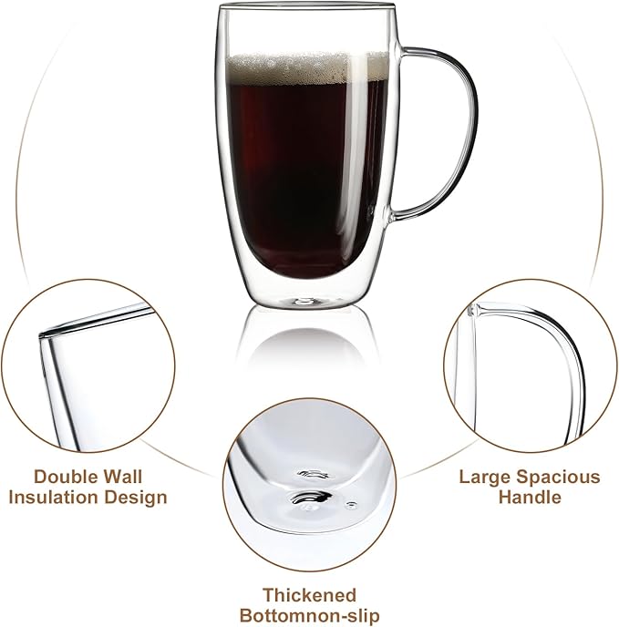 Aurzen 2 Pack Double Walled Glass Coffee Mugs with Handles, Large Insulated Layer Coffee Cups, 15oz Clear Borosilicate Mugs, Perfect for Cappuccino, Tea, Microwave Safe - Bloomnest