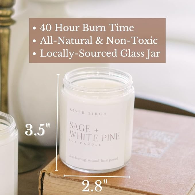 River Birch Candles Sage & White Pine Scented Candle | Premium, All-Natural, Non-Toxic, Soy Candles | 8.5oz 40 Hr Burn Time | Cozy Relaxing Gifts for Home - Bloomnest