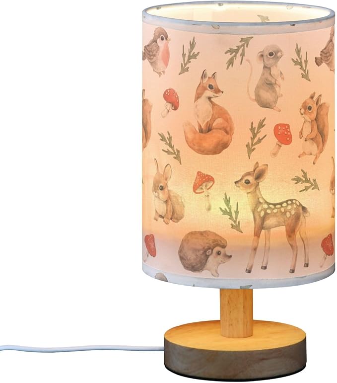 Table Lamp Squirrel Mouse Fawn Fox Hare Hedgehog Bird Mushroom Forest Animal Nightstand Lamp with Wood Base Fabric Lamp Shade Bedside Desk Lamp for Living Room Bedroom Kids Room Office - Bloomnest