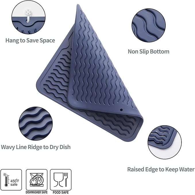 Silicone Dish Drying Mat for Multiple Usage,Easy clean,Eco-friendly,Heat-resistant Silicone Mat for Kitchen Counter or Sink,Refrigerator or Drawer liner Navy Blue M 12 inches x 12 inches - Bloomnest