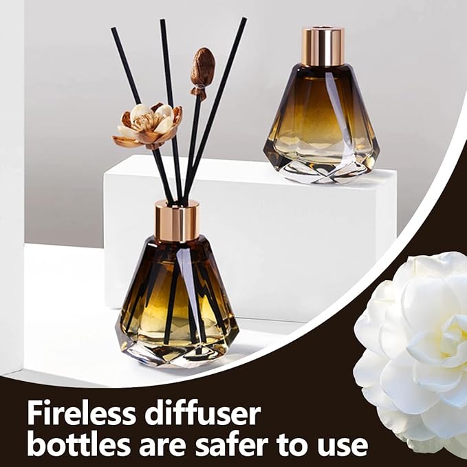 2Pcs 60ml/2oz Empty Refillable Amber Diamond Shape Glass Diffuser Bottle with Gold Lid Essential Incense Oil Diffuser Jars Fragrance Scent Diffuser for Home Office Shelf Decor Bloomnest