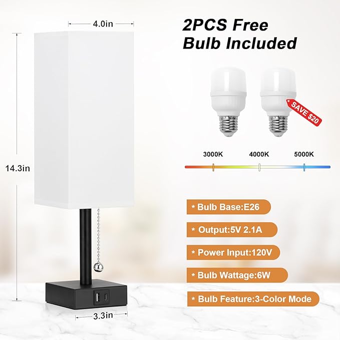 Bedside Table Lamps Set of 2 - Small White Bedroom Lamps with 3 Color Temperatures (3000K/5000K/4000K), Square Nightstand Lamp with USB C + A Charging Ports, Pull Chain Night Light - Bloomnest