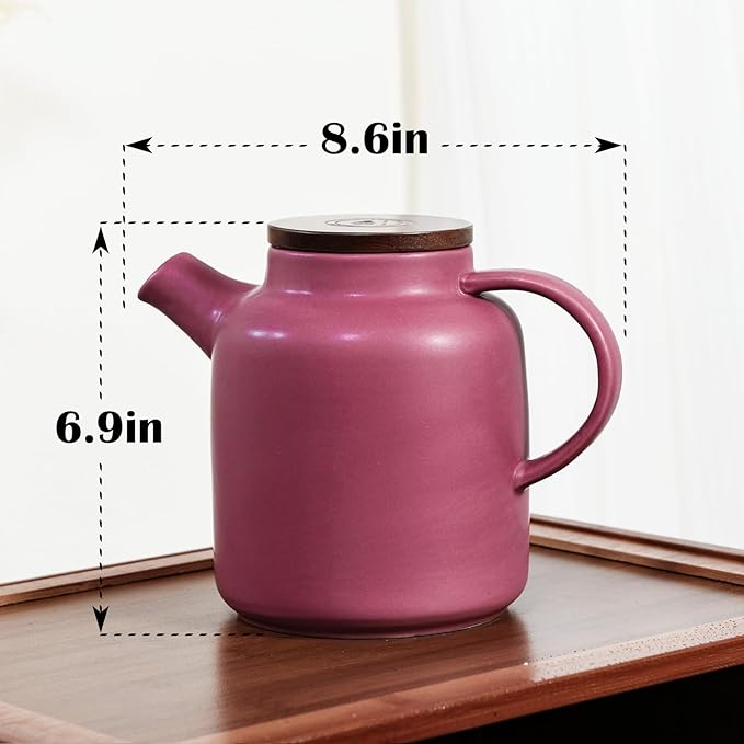 Yundu 1500ml / 50 oz Ceramic Teapot with Infuser & Wood Lid - Matte Purple, Loose Leaf Tea Pot with Removable Strainer, Large Capacity - Bloomnest