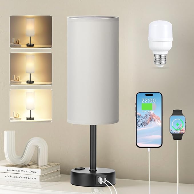 Fenmzee Grey Touch Bedside Lamp for Bedroom - 3 Way Dimmable Table Lamp USB C Charging Ports and AC Outlet, Small Desk Lamp for Living Room, Office, LED Bulb Included - Bloomnest