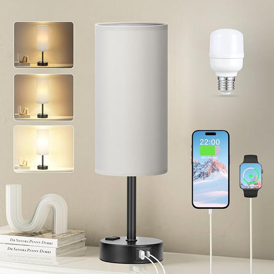 Fenmzee Grey Touch Bedside Lamp for Bedroom - 3 Way Dimmable Table Lamp USB C Charging Ports and AC Outlet, Small Desk Lamp for Living Room, Office, LED Bulb Included - Bloomnest