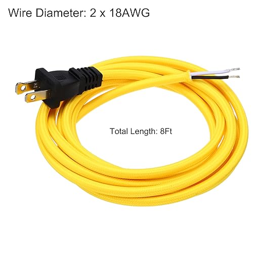 uxcell 8Ft 18/2 Cloth Covered Lamp Cord with Plug, Vintage Electrical Lamp Cord with Stripped Ends for Extension Wiring DIY Repairing, Yellow