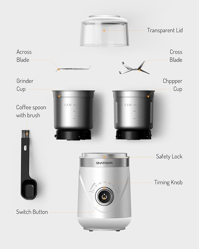 SHARDOR Electric Super Silent Blade Coffee Grinder, Timed Grind Control Rotary Knob, Adjustable Coarse to Fine for Coffee Beans, Spices & Herbs, with 2 Removable Stainless Steel Bowl, White - Bloomnest