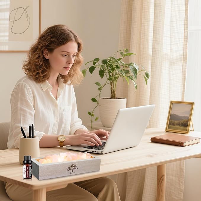 Himalayan Salt Lamp Diffuser - 300g Pink Salt with Wood Base, USB Powered, Warm Light & 10ml Passion Fruit Essential Oil Set for Aromatherapy, Relaxation, Meditation, Home Decor, Gifts