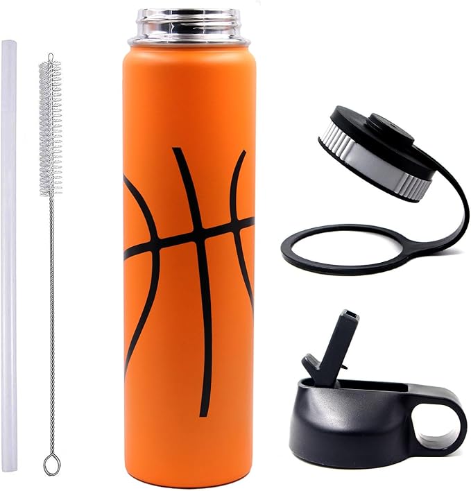 25 oz Basketball Water Bottle, Sports Flask Metal Travel Tumbler with 2 Lids, Stainless Steel Double Wall Vacuum Insulated Thermo Water bottles, Basketball Accessories Stuff Gifts for Mom Boys Girls - Bloomnest