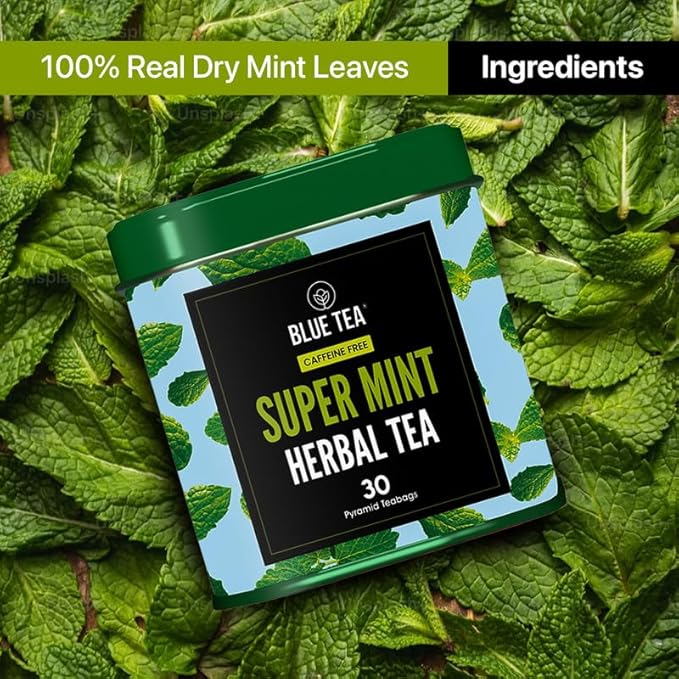 BLUE TEA - Super Mint Tea - 30 Count - Pyramid Plant Based Tea Bag | Super Antioxidant | Herbal Tea - Caffeine Free - Non-Bitter - Calming Tea - Vegan - Non-GMO - 100% Natural | Tin Pack - Bloomnest