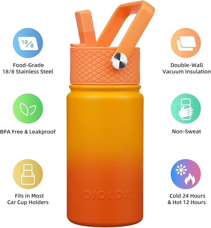 BJPKPK Insulated Water Bottle with Straw Lid, 15oz Cute Water Bottles, Stainless Steel Metal Thermo, Reusable BPA Free Leak Proof Tumblers, Cups,Sunset Orange - Bloomnest