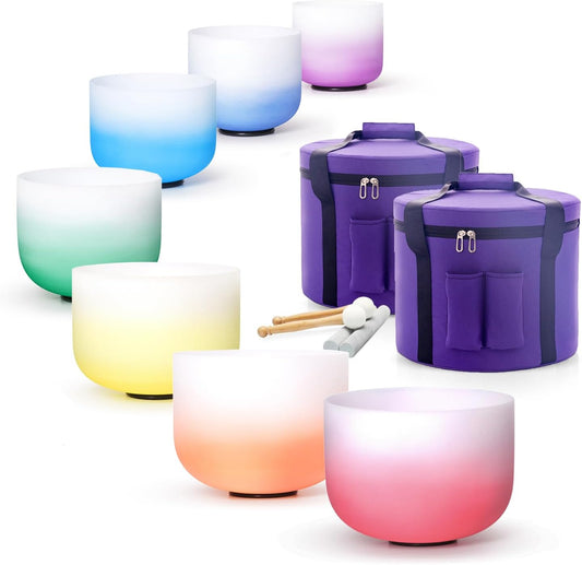 Hye-eun Crystal Singing Bowl Set 432hz,7-12 Inch Gradient Colored Quartz Singing Meditation Sound Bowls Set of 7pcs with Carrying Case for Yoga Sound Healing